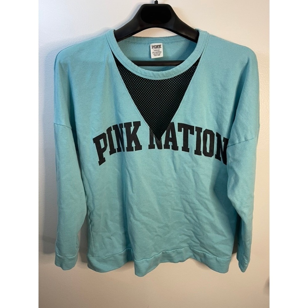 Victoria's Secret PINK Nation Sweatshirt Turquoise Blue Mesh V-Neck Large